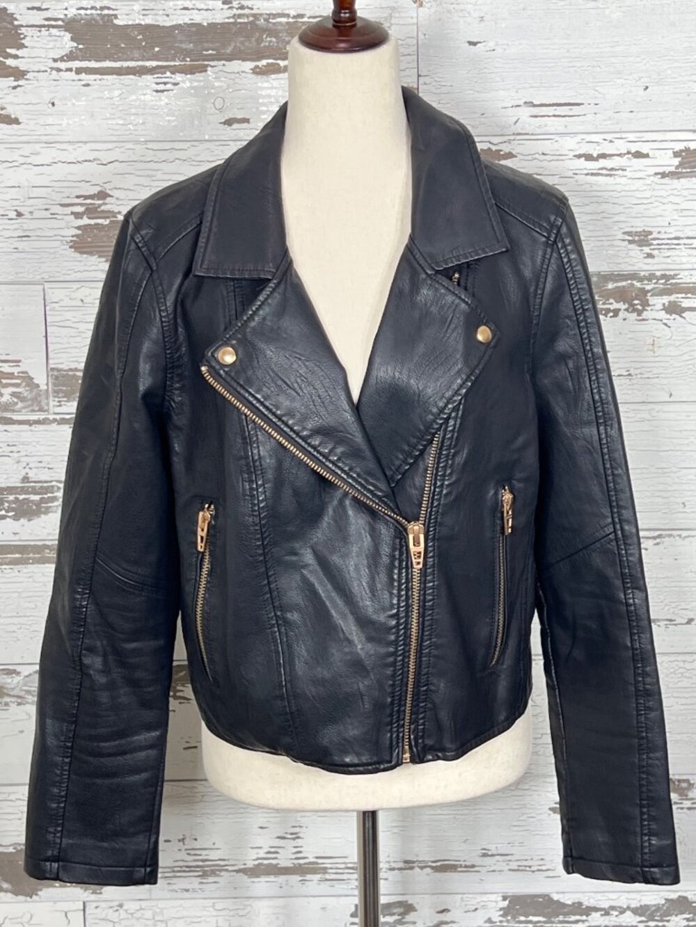 BLANKNYC Vegan Leather Asymmetric Zip Moto Biker Jacket Black Sz L EUC